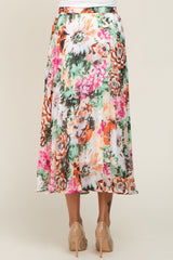 Orange Floral Pleated Midi Skirt