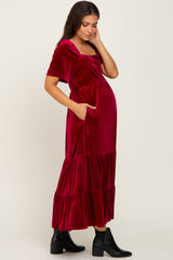 Burgundy Velvet Tiered Maternity Maxi Dress