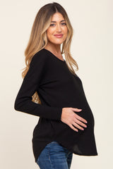 Black Waffle Knit Curved Hem Long Sleeve Maternity Top