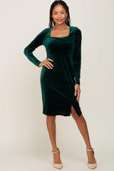 Forest Green Velvet Long Sleeve Side Slit Dress