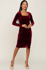 Burgundy Velvet Long Sleeve Side Slit Dress