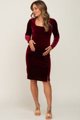 Burgundy Velvet Long Sleeve Side Slit Maternity Dress