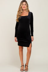 Black Velvet Long Sleeve Side Slit Maternity Dress