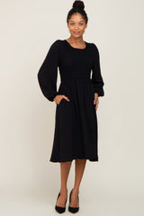 Black Smocked Long Sleeve Maternity Midi Dress