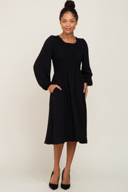 Black Smocked Long Sleeve Midi Dress