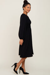 Black Smocked Long Sleeve Midi Dress