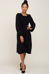 Black Smocked Long Sleeve Midi Dress