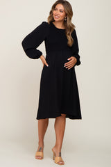 Black Smocked Long Sleeve Maternity Midi Dress