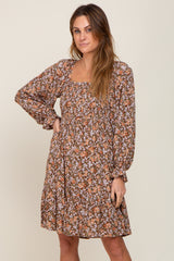 Mocha Floral Smocked Square Neck Dress