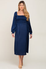 Navy Blue Smocked Square Neck Satin Maternity Midi Dress