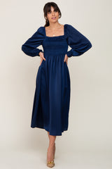 Navy Blue Smocked Square Neck Satin Maternity Midi Dress