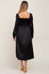 Black Smocked Square Neck Satin Maternity Midi Dress