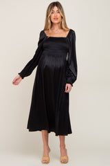 Black Smocked Square Neck Satin Maternity Midi Dress