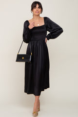 Black Smocked Square Neck Satin Midi Dress