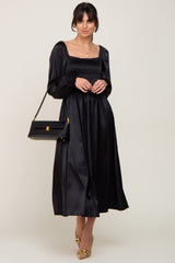 Black Smocked Square Neck Satin Midi Dress