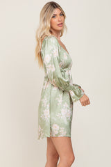 Light Olive Floral Satin Ruched Top Dress