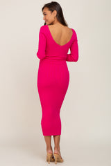 Fuchsia V-Neck Long Sleeve Fitted Maternity Maxi Dress