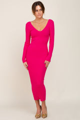 Fuchsia V-Neck Long Sleeve Fitted Maternity Maxi Dress