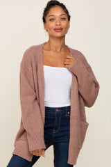 Mocha Fuzzy Knit Front Pocket Maternity Cardigan