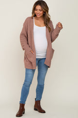 Mocha Fuzzy Knit Front Pocket Maternity Cardigan