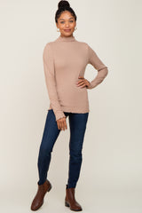 Taupe Ribbed Mock Neck Lettuce Trim Long Sleeve Top