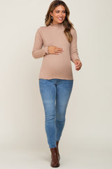 Taupe Ribbed Mock Neck Lettuce Trim Maternity Long Sleeve Top