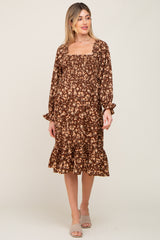 Brown Floral Smocked Long Sleeve Maternity Midi Dress