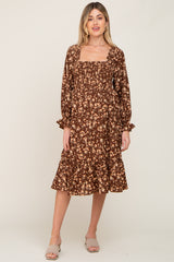 Brown Floral Smocked Long Sleeve Maternity Midi Dress