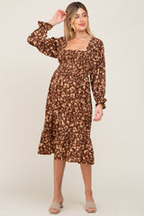 Brown Floral Smocked Long Sleeve Maternity Midi Dress