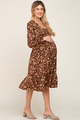 Brown Floral Smocked Long Sleeve Maternity Midi Dress