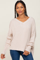 Beige V-Neck Oversized Maternity Sweater