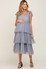 Light Blue Sleeveless Tiered Tie Strap Tulle Maternity Midi Dress