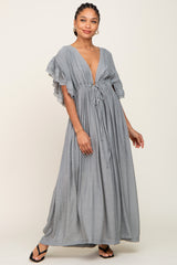 Grey Deep V-Neck Button Down Maternity Maxi Dress