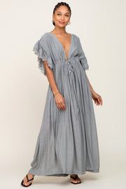 Grey Deep V-Neck Button Down Maxi Dress