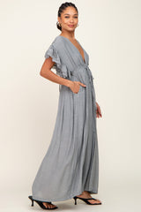 Grey Deep V-Neck Button Down Maxi Dress