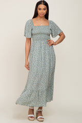 Mint Green Floral Smocked Flounce Sleeve Maternity Maxi Dress