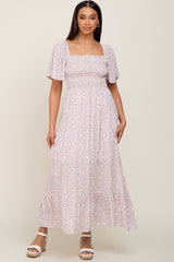 Ivory Floral Smocked Flounce Sleeve Maxi Dress