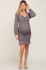 Navy Floral Print Long Sleeve Smocked Maternity Dress