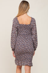 Navy Floral Print Long Sleeve Smocked Maternity Dress