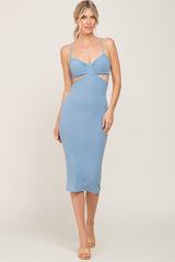 Light Blue Ribbed Side Cut Out Maternity Midi Dress