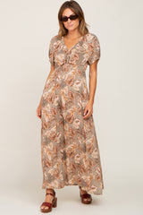 Taupe Leaf Print Cinched Accent Maxi Dress