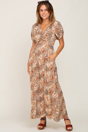 Taupe Leaf Print Cinched Accent Maxi Dress