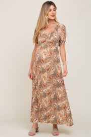 Taupe Leaf Print Cinched Accent Maternity Maxi Dress