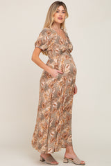 Taupe Leaf Print Cinched Accent Maternity Maxi Dress