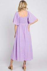 Lavender Textured Dot Front Tie Ruffle Sleeve Midi Dress