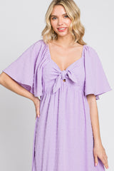 Lavender Textured Dot Front Tie Ruffle Sleeve Midi Dress