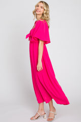 Fuchsia Textured Dot Front Tie Ruffle Sleeve Midi Dress