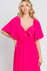 Fuchsia Textured Dot Front Tie Ruffle Sleeve Midi Dress