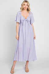 Lavender Front Tie Ruffle Sleeve Midi Dress