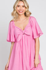 Pink Front Tie Ruffle Sleeve Midi Dress